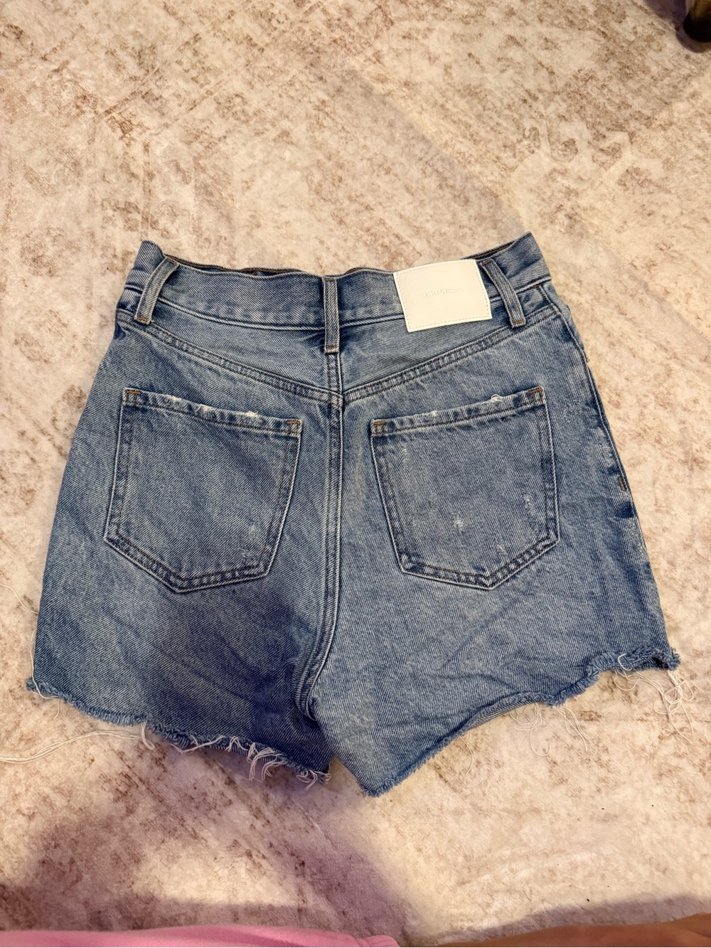 Express Light Blue High-Rise Frayed Hem Denim Shorts